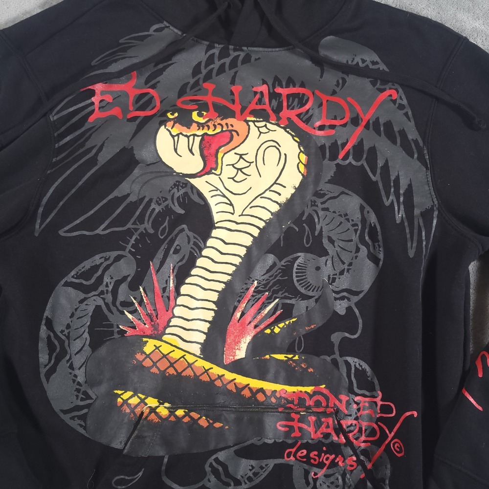 Ed Hardy Hoodie Men Large Black Cobra Snake Graphic Love Kills Slowly Y2K Tattoo - Picture 2 of 10